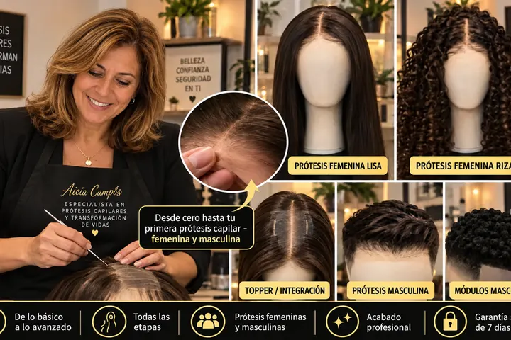 Especialista en prótesis capilares fabricando una pieza, con modelos femeninos y masculinos