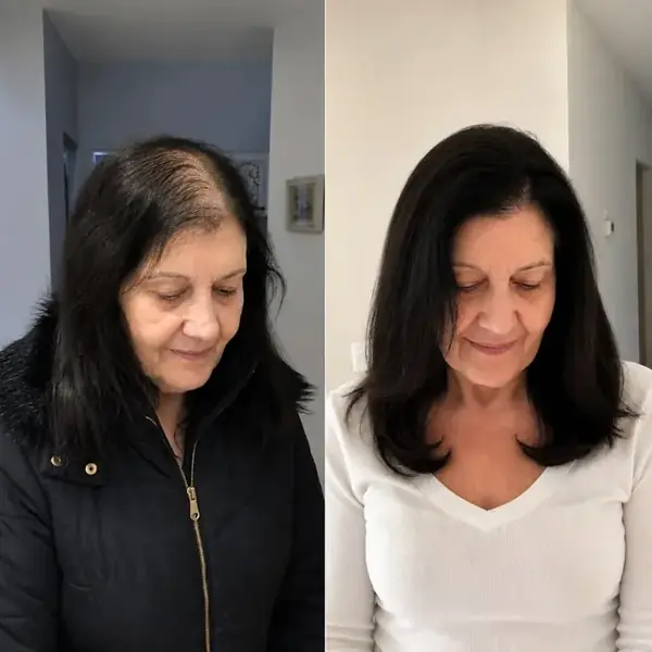 Antes y después de una prótesis femenina: cabello con poca densidad y después con volumen completo